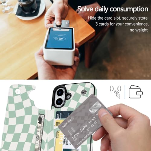 Compatible with iPhone 16 Case Wallet with Card Holder, Flip PU Leather Built-in Card Slots, Kickstand and Shockproof Case for iPhone 16 6.1 inch (Green Checkerboard) - color: Green Checkerboard, size: iPhone 16 6.1 inch
