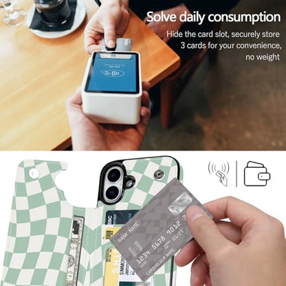 Compatible with iPhone 16 Case Wallet with Card Holder, Flip PU Leather Built-in Card Slots, Kickstand and Shockproof Case for iPhone 16 6.1 inch (Green Checkerboard) - color: Green Checkerboard, size: iPhone 16 6.1 inch