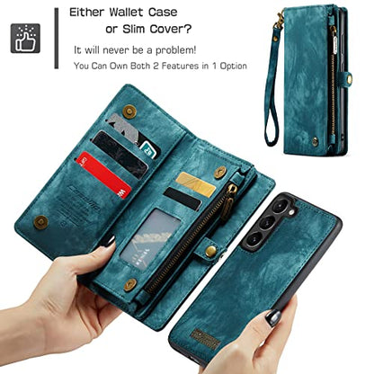 Zipper Folio Leather Case Compatible with Samsung Galaxy S23+Plus,Case Wallet with Card Holder Strap Wristlet Detachable Magnetic Protective Back Case for Galaxy S23+ Plus(Blue) - color: Blue, size: S23+ Plus 5G 6.6 Inch