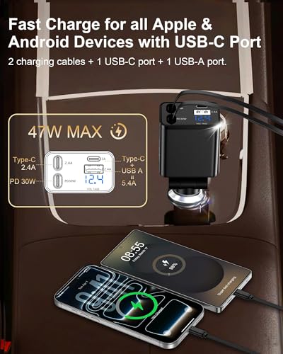Retractable Car Phone Charger for Samsung S26 Android Fast USB C iPhone 18 - color: Black