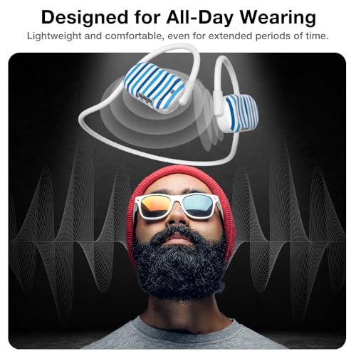 Purity Air Open Ear Headphones - True Air Conduction Wireless Bluetooth Open Ear Earbuds with Dual Mic for iPhone/Android - Secured Long Wearing Comfort, Sports Sweat Resistant (Blue Stripes) - color: Blue Stripes