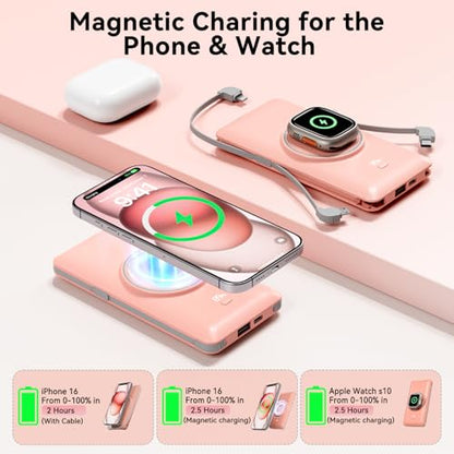 Magnetic 10000mAh Portable Charger for iWatch & iPhone, PD Fast Charging Wireless Power Bank Built-in Cables and Wall Plug, External Travel Battery Pack Compatible with iOS Android Phones - color: Pink