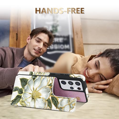 NNH Compatible with Samsung Galaxy S21 Ultra Wallet Case with RFID Blocking Card Slots Flip PU Leather Kickstand Double Magnetic Clasp Design Cover for Galaxy S21 Ultra(6.8 inch-Magnolia Flowers) - color: Magnolia Flowers, size: Galaxy S21 Ultra 6.8 inch