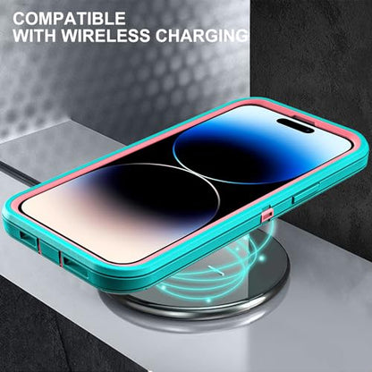 YKHJKLEC for iPhone 14 Pro Case, Military Grade 3 in 1 Heavy Duty Shockproof/Drop Proof/Dust Proof Case with 2Pcs Tempered Glass Screen Protector (Aqua Blue/Pink) - color: Aqua Blue/Pink