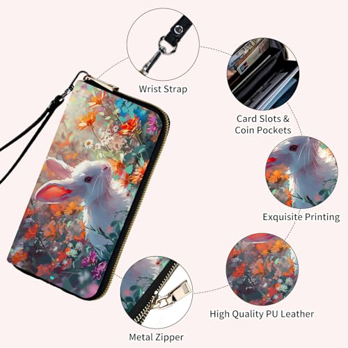 Ladies Wallet,Clutch Purses for Women Wallets Leather Credit Card Holder for Women Wristlet Slim Small Cute with Zipper,Thin RFID Blocking with Wrist Strap,Cute Bunny - color: Cute Bunny