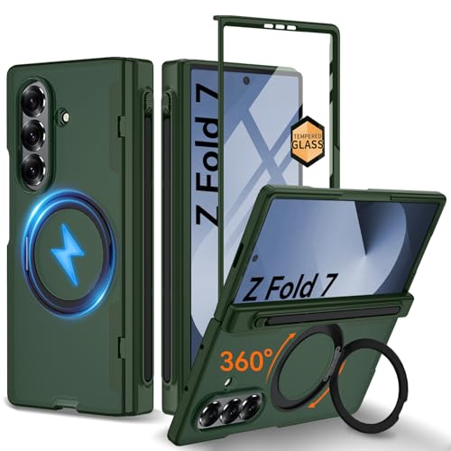 Upgraded 360° Spin Magnetic Invisible Ring Stand for Samsung Galaxy Z Fold 7 Case,[Compatible with MagSafe][S Pen Holder][Hinge Protection][Screen Protector],Shockproof Full Body Phone Cover - color: Green-1