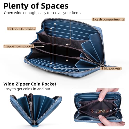 VISOUL Leather Long Zipper Pouch Wallet for Men and Women with RFID Blocking, Large Clutch Cash Long Wallet with Zipper (Navy Blue) - color: Navy Blue