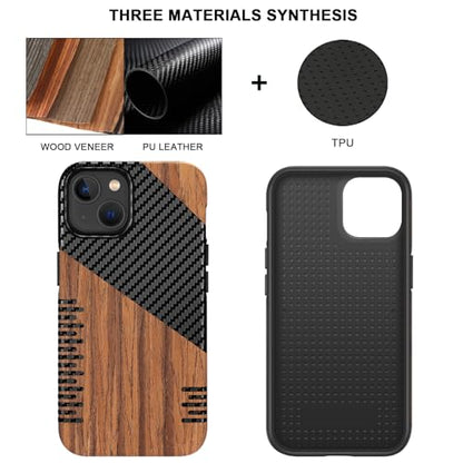 TENDLIN Compatible with iPhone 14 Case Wood Grain with Carbon Fiber Texture Design Leather Hybrid Slim Case (Twill) - color: Twill, size: iPhone 14