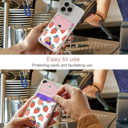 Self Adhesive Card Holders for Back of Phone, Leather RFID Phone Wallet Pockets with Snap, Card Holders Sleeve for Phone Case, Strawberry - color: Strawberry Pattern