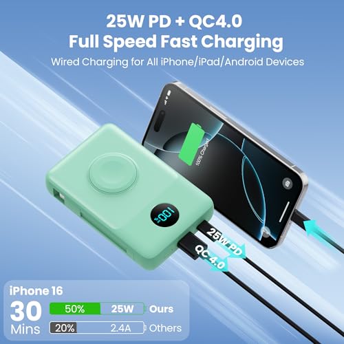 Ekrist Magnetic Portable Charger 10800mAh for MagSafe with Built-in Cable,iWatch Charger,Wireless Power Bank Travel Essentials,25W Fast Charging Battery Pack for iPhone 18/17/16/15,Apple Watch(Green) - color: Green