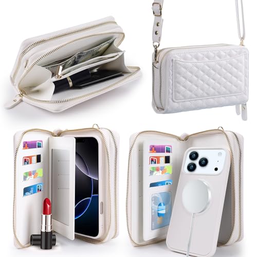 Harryshell Compatible with iPhone 17 Pro Max Case Wallet Multi Zipper Detachable Removable Cover Purse with RFID Blocking Card Slots Holder Mirror Crossbody Strap (Compatible with Magsafe - White) - color: Compatible with Magsafe - White, size: iPhone 17