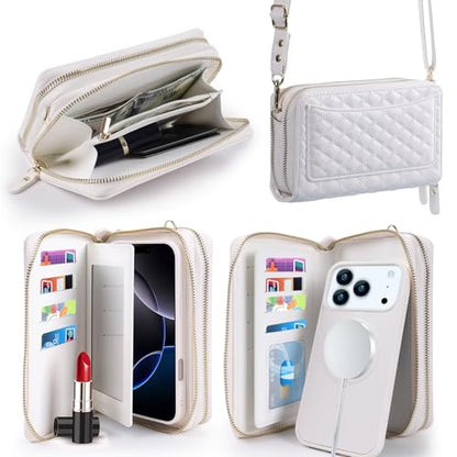 Harryshell Compatible with iPhone 17 Pro Max Case Wallet Multi Zipper Detachable Removable Cover Purse with RFID Blocking Card Slots Holder Mirror Crossbody Strap (Compatible with Magsafe - White) - color: Compatible with Magsafe - White, size: iPhone 17