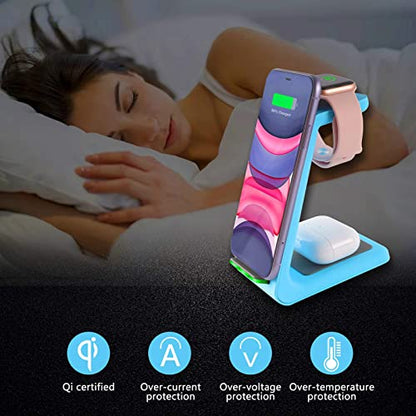 Wireless Charger Stand,YOCUNKER 3 in 1 Qi Fast Wireless Charging Station Dock for Apple Watch7/SE/6/5/4/3/2, Airpods Pro/3/2, iPhone 14/13/13 Pro/13 Pro Max/12/12 Pro/12 Pro Max/11/X/XR/XS Max (Blue) - color: Blue