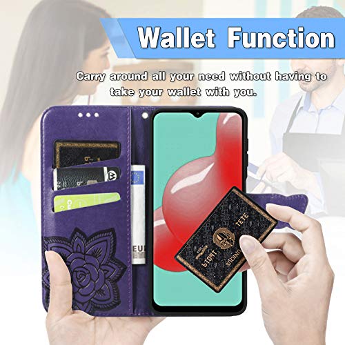 Wallet Case for Samsung Galaxy A03s with Card Holder Purple | PU Leather Flip Phone Cover,Wrist Strap,Woman Man Purse,Emboss Butterfly,Stand,Shockproof TPU,Magnetic Closure - color: B Purple