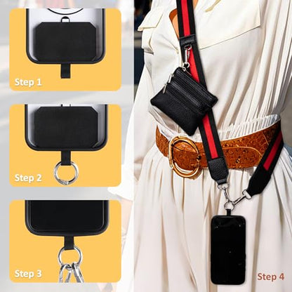 BARGIFTS Clip and Go Strap for Phone with Wallet Crossbody, Cell Phone Lanyard with Zippered Pouch, Adjustable Phone Strap Crossbody with Wallet - color: A-red&black