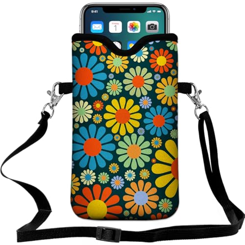 Neoprene Cell Phone Pouch 7.5 X 4.3 in Cloth Mobile Protection Case Bag with Crossbody Strap Neck Lanyard Cell Phone Case Hippie Flower Printed Pattern - color: Hippie Flower Printed Pattern