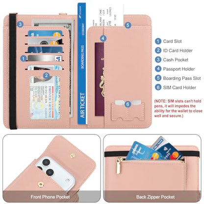 DOB SECHS Leather Passport Wallet Crossbody Phone Bag, RFID Blocking Passport Holder Credit Cards Case for Women - color: Pink-2