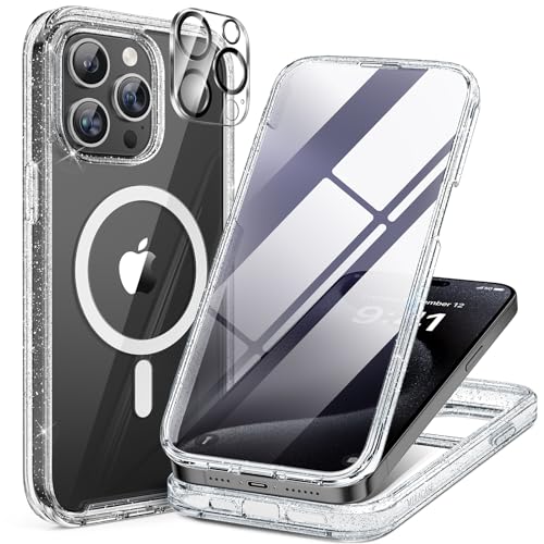Miracase Magnetic for iPhone 12 Pro Max Case [Compatible with MagSafe] Full-Body Phone case with Built-in Glass Screen Protector& Camera Protector, Military Drop Proof 12 Pro Max Cover, Clear Glitter - color: Magnetic Clear Glitter, size: iPhone 12 Pro Ma