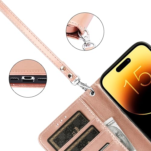 Bocasal Detachable Wallet Case Card Holder for iPhone 15, Rose Gold | RFID Blocking Kickstand Card Slots Holder PU Leather Magnetic Shockproof Wrist Strap Removable Flip Protective Cover 6.1 inch - color: Rose Gold