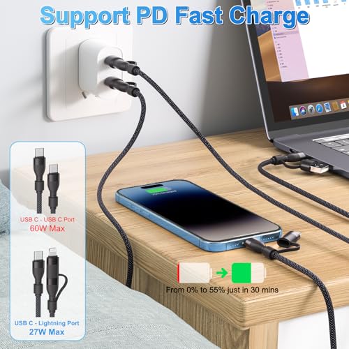MALPHITE 4 in 1 Charging Cable 3.3FT 60W Max 2 Packs MFi Certified Fast Charging & Data Sync USB A/C to Type C/Lightning Ports Compatible with iPad/iPhone Series/MacBook/Samsung etc
