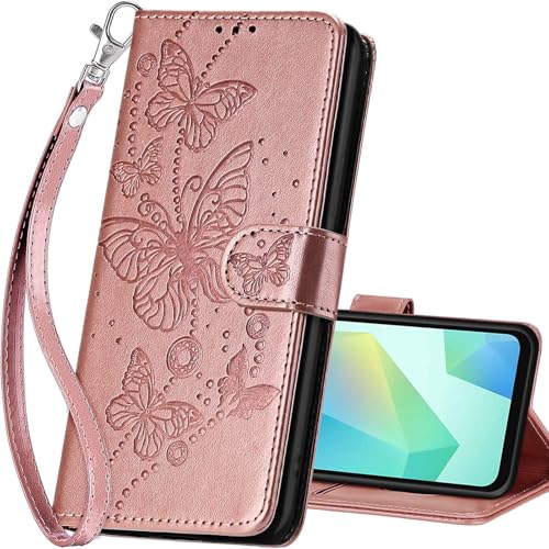 for Samsung Galaxy A16 5G Wallet case, Rose Gold-Butterfly | 3 Card Holders, Kickstand, Shockproof TPU Shell, PU Leather, Magnetic Closure, Protective Flip Folio Cover, Women - color: 6