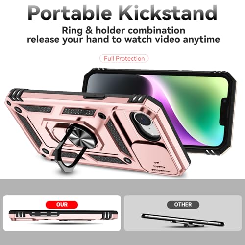 for iPhone 17E / iPhone 16E Case, with Camera Lens Cover HD Screen Protector, Dual Layer Military-Grade Drop Tested Magnetic Ring Holder Kickstand Protective Phone Case for iPhone 16E /17E (Rose Gold) - color: Rose Gold with camera cover Military-Grade 2n