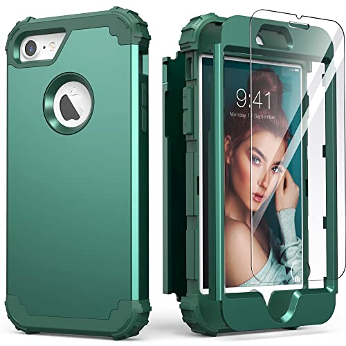 IDweel for iPhone 8 Case,for iPhone 7 Case with Screen Protector,3 in 1 Shockproof Hybrid Heavy Duty Hard PC Cover Soft Silicone Sturdy Bumper Full Body Sturdy Case,Graphite Green/Dark Green - color: Graphite Green/Dark Green