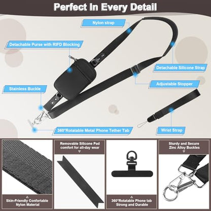 YFWE Clip and Go Strap for Phone With Wallet Crossbody (Detachable RFID Wallet) - Adjustable Phone Strap w/Soft Silicone Pad, Universal Phone Lanyard with 360° Rotatable Tether Tabs for All Phones - color: 1-black