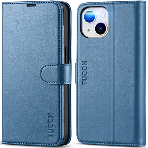 TUCCH Wallet Case for iPhone 14 (6.1") 2022, 4 Card Slots, Lake Blue | RFID Blocking, Viewing Stand, Shockproof TPU Shell, PU Leather, Magnetic Closure, Protective Folio Flip Cover - color: Lake Blue