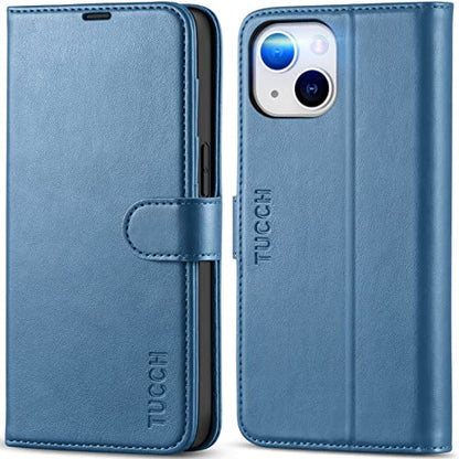 TUCCH Wallet Case for iPhone 14 (6.1") 2022, 4 Card Slots, Lake Blue | RFID Blocking, Viewing Stand, Shockproof TPU Shell, PU Leather, Magnetic Closure, Protective Folio Flip Cover - color: Lake Blue