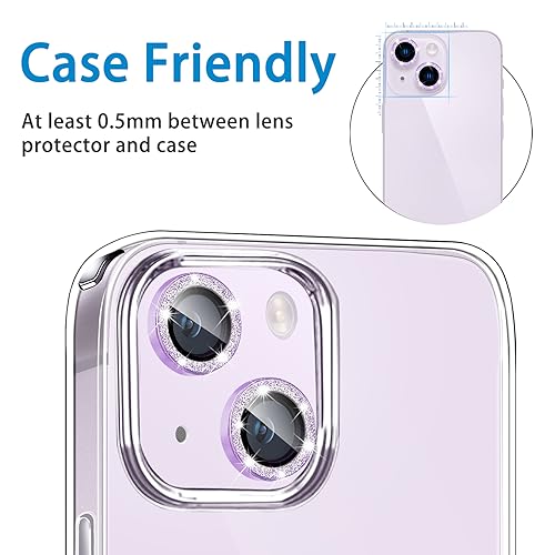 Compatible with iPhone 14 & 14 Plus Camera Lens Protector, Bling Glitter Diamond Lens Cover 9H Tempered Glass Camera Cover Anti Scratch Shockproof Screen Protector Individual Lens Ring - 2PCS - color: Purple Glitter