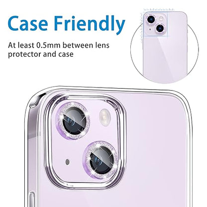 Compatible with iPhone 14 & 14 Plus Camera Lens Protector, Bling Glitter Diamond Lens Cover 9H Tempered Glass Camera Cover Anti Scratch Shockproof Screen Protector Individual Lens Ring - 2PCS - color: Purple Glitter