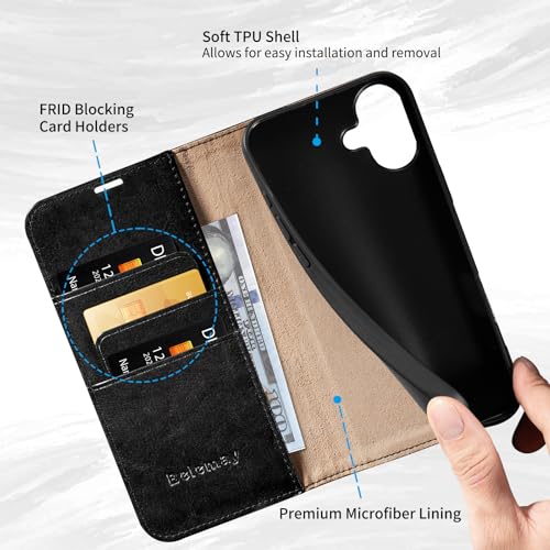 Belemay Leather Wallet Case Compatible with iPhone 17, Premium Cowhide Leather Two-Tone Effect, RFID Blocking Card Holders, Shockproof TPU Shell, Kickstand, Protective Flip Cover, 6.3", Black - color: Black, size: iPhone 17