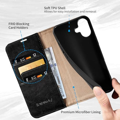Belemay Compatible with iPhone 16 Plus Case Wallet, Durable Genuine Leather, RFID Blocking Card Holders, Shockproof TPU Shell, Kickstand, Drop Protection, Protective Flip Cover 6.7", Black - color: Black, size: iPhone 16 Plus