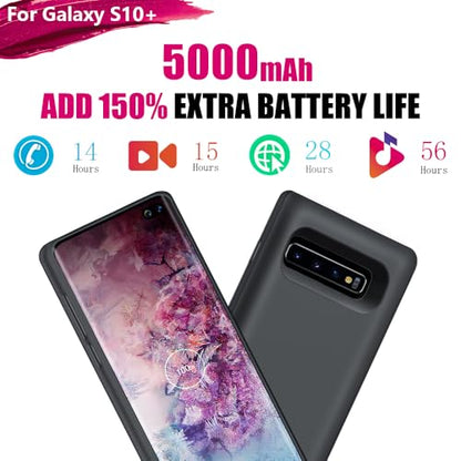 Battery Case for Samsung Galaxy S10+ Plus, 5000mAh Rechargeable Extended Battery Charging Case, Add 150% Extra Juice (6.4 Inches) Black