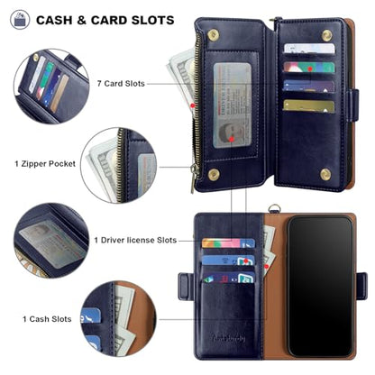 Antsturdy Compatible with Google Pixel 10a Wallet Case with Card Holder Women Men Phone Case RFID Blocking PU Leather Flip Protective Cover Wrist Strap Zipper Credit Card Slots,Dark Blue - color: Dark Blue, size: Google Pixel 10a - 6.3"