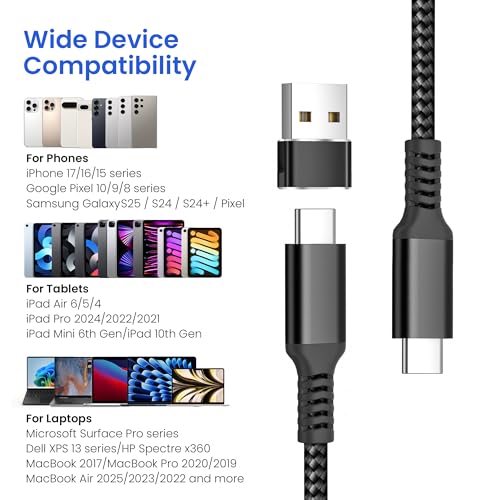 Elebase 60W USBC Car Charger Cable 3.3FT with USB Adapter - color: Straight-Black, size: 3.3 FT