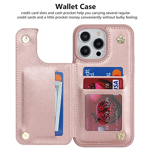 iCoverCase Compatible with iPhone 14 Pro Case with Card Holder, Wallet Case for Women Men RFID Blocking PU Leather Protective Phone Case 6.1 Inch (Rose Gold) - color: Rose Gold