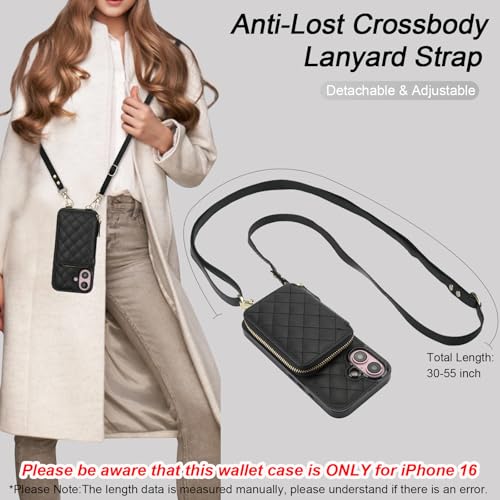 Bocasal Crossbody Wallet Case Card Holder for iPhone 16, Black | RFID Blocking PU Leather Zipper Handbag Purse, Kickstand Flip Folio Case with Card Slots Holder Wrist Strap Lanyard 6.1 Inch - color: Black