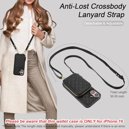 Bocasal Crossbody Wallet Case Card Holder for iPhone 16, Black | RFID Blocking PU Leather Zipper Handbag Purse, Kickstand Flip Folio Case with Card Slots Holder Wrist Strap Lanyard 6.1 Inch - color: Black