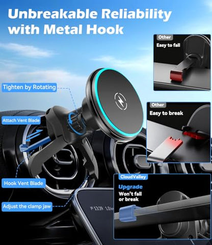 CloudValley 15W Charger Air Vent Car Mount for Mercedes Benz A/B/C/E/V/G/Class & Audi A1/A2/A3, Magnetic Wireless Charging Phone Holder for iPhone 18/17 Pro Max 16 15 14 13 12, Compatible with Magsafe