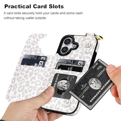 HAOPINSH Wallet Case for iPhone 17 with Card Holder, White Leopard Cheetah Print Back Flip Folio PU Leather Kickstand Card Slots Case, Finger Grip Ring Double Magnetic Clasp Shockproof 6.3" - color: White Leopard Grip Ring