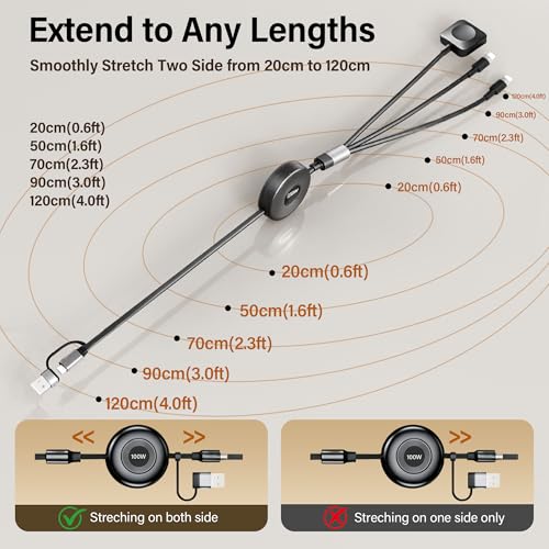 100W Retractable Multi Charging Cable for Apple Watch Charger,Dual USB C