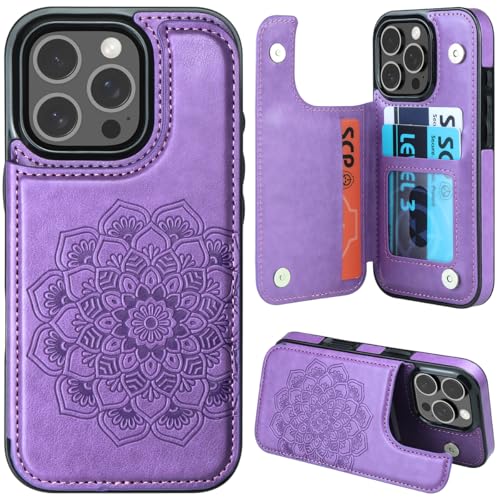 MMHUO for iPhone 16 Pro Case with Card Holder,Flower Magnetic Buttons Protective Wallet Case for Women for iPhone 16 Pro (6.3 Inch),Purple - color: Purple, size: for iPhone 16 Pro 6.1"-(S)(Three Cameras)