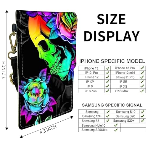 for Women Cell Phone Purse,with Touchscreen Cell Phone Purse,PU Leather Shoulder Bag Waterproof Phone Wallet Case with Clear Touch Screen Window up to 6.7 inch Smartphone, - color: Colorful Skull Rose Flower