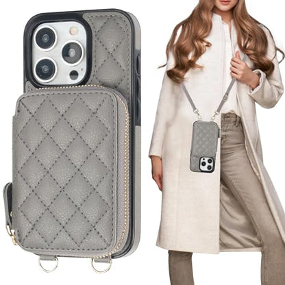 Bocasal Crossbody Wallet Case Card Holder for iPhone 15 Pro, Grey | RFID Blocking PU Leather Zipper Handbag Purse, Kickstand Flip Folio Case with Card Slots Holder Wrist Strap Lanyard 6.1 Inch - color: Gray