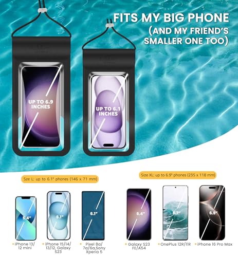 HiRui Universal Waterproof Phone Pouch with Touch Screen, IP68 Waterproof Case Dry Bag for Beach, Compatible with iPhone 17/16/15/14/XR/SE, Samsung Galaxy, Fits up to 6.1", Black, Large - color: Black, size: Large