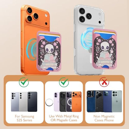 Compatible with Magsafe Wallet Magnetic Card Holder - Pink Skeleton Book Phone Wallets for Women Teen Girls Cute for iPhone 17/16/15/14/13/12 Series Slim for Apple Mag RFID Magnet,Fit 3 Cards - color: Pink Skeleton Book
