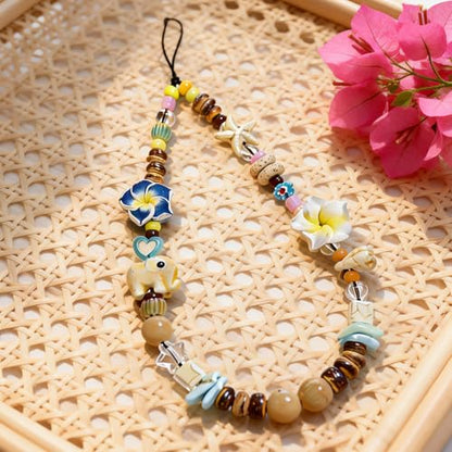 Cute Beaded Camera Wrist Strap for Phone, Digital Camera Charm Lanyard, Pearl Beaded Chain for Bag Keychain Gift - color: Hibiscus