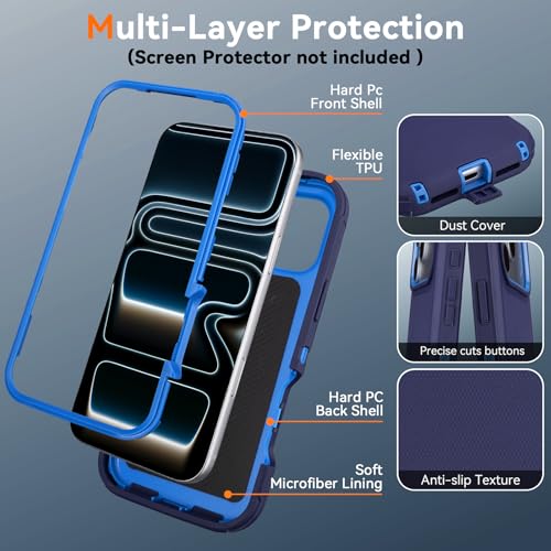for iPhone 17 Pro Case with Belt Clip Holster & Kickstand, Blue | Anti-Drop, 4 in 1 Heavy Duty Shockproof Protection for iPhone 17 Pro Case Rugged - color: Blue